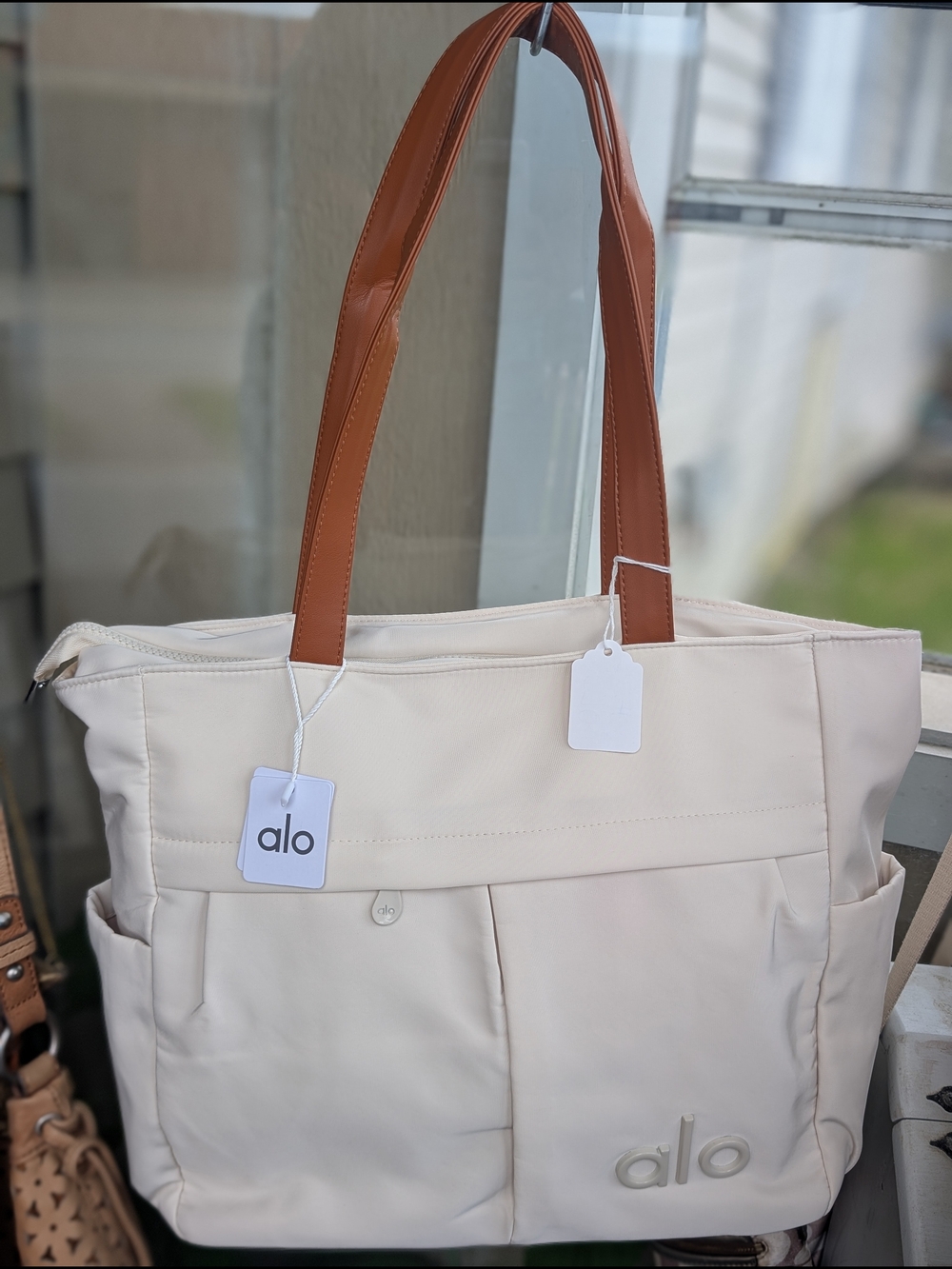 ALO Yoga Cream Tote with Brown Handles